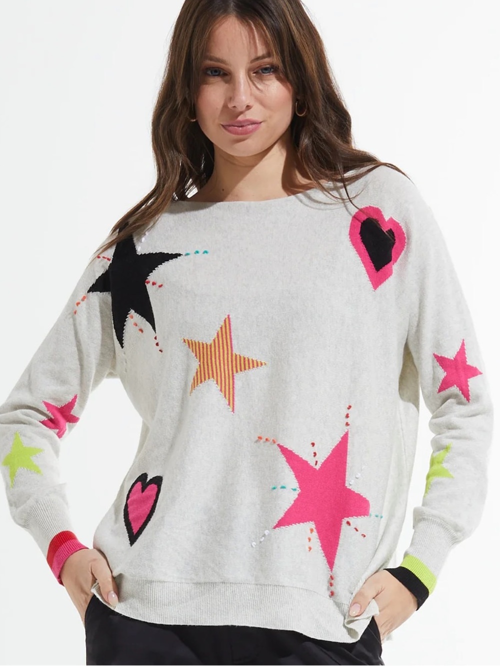 Zaket and Plover Cream Star & Heart Pattern Cotton Cashmere Sweater Small